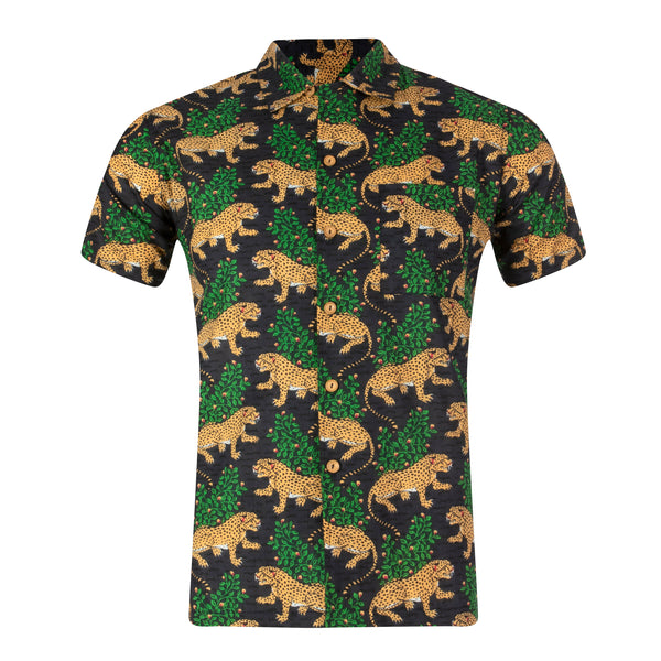 Men's Black Cuban Shirt in Leopard Print